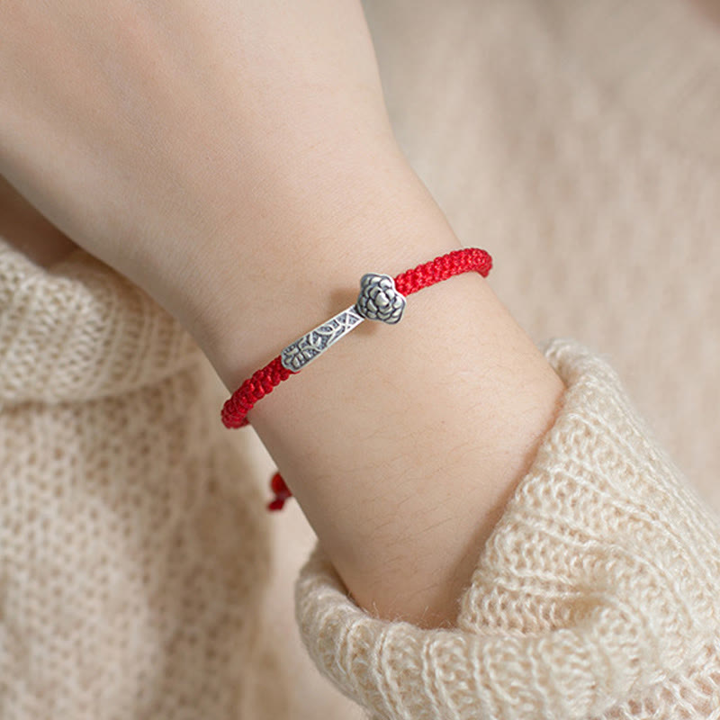 Bracelet porte-bonheur tressé en fil rouge avec Buddha Stones rétro en argent sterling 925 Ruyi As One Wishes - image 14
