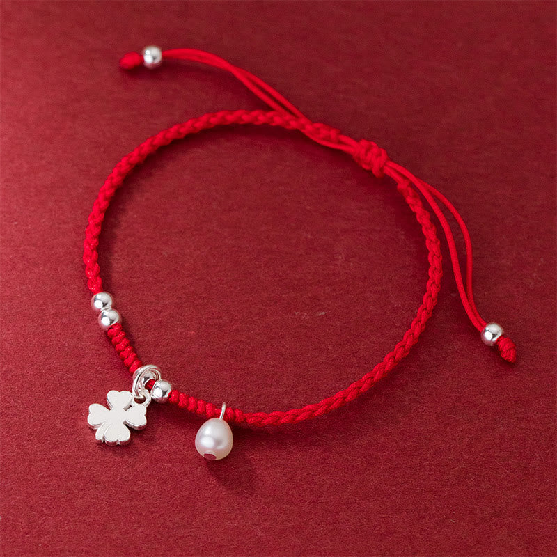 Bracelet rétro en argent sterling 925 avec perles et trèfle à quatre feuilles, cordon rouge porte-bonheur, Buddha Stones - image 2