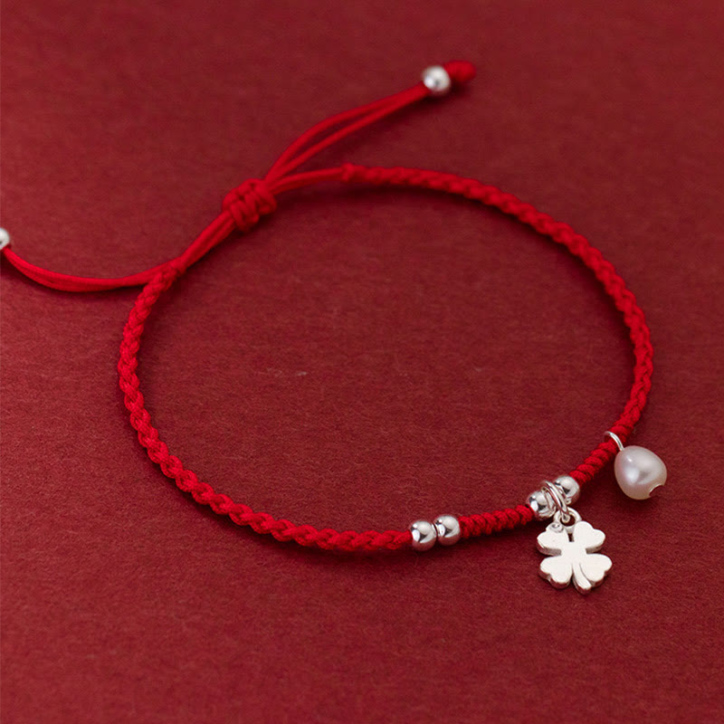Bracelet rétro en argent sterling 925 avec perles et trèfle à quatre feuilles, cordon rouge porte-bonheur, Buddha Stones - image 3