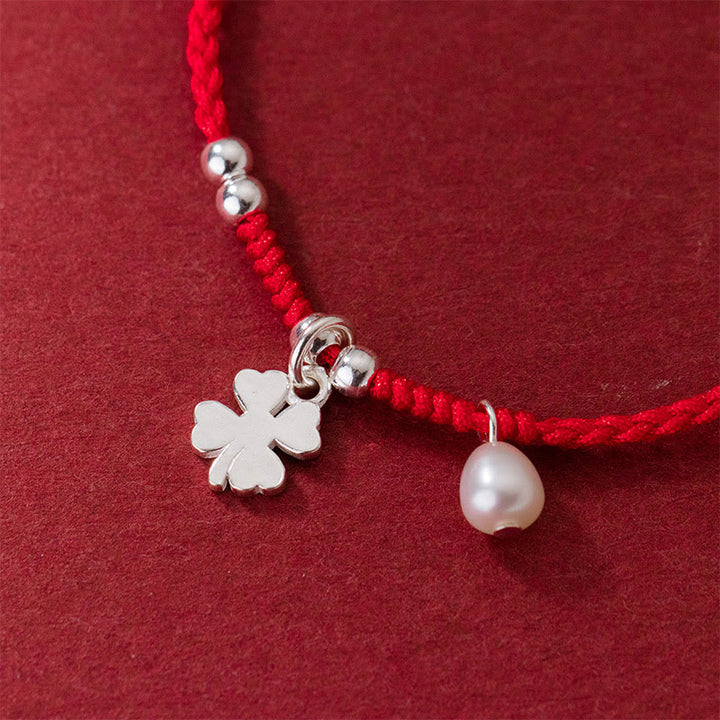 Bracelet rétro en argent sterling 925 avec perles et trèfle à quatre feuilles, cordon rouge porte-bonheur, Buddha Stones - image 3