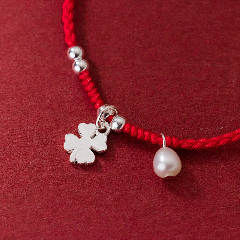 Bracelet rétro en argent sterling 925 avec perles et trèfle à quatre feuilles, cordon rouge porte-bonheur, Buddha Stones - image 4