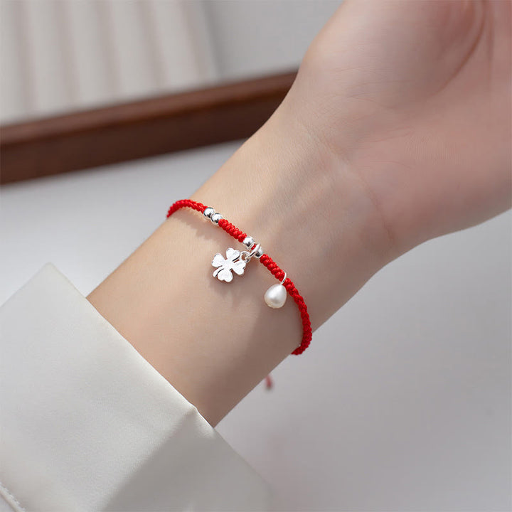Bracelet rétro en argent sterling 925 avec perles et trèfle à quatre feuilles, cordon rouge porte-bonheur, Buddha Stones - image 10