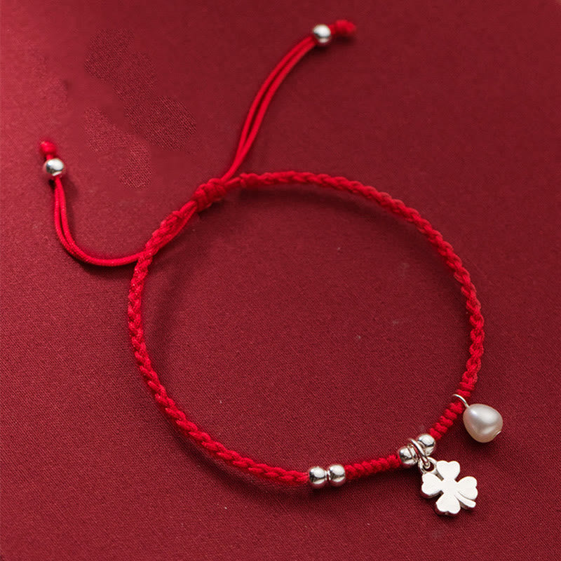 Bracelet rétro en argent sterling 925 avec perles et trèfle à quatre feuilles, cordon rouge porte-bonheur, Buddha Stones - Argent sterling 925 (tour de poignet : 15-18 cm) - image 1