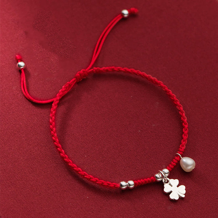 Bracelet rétro en argent sterling 925 avec perles et trèfle à quatre feuilles, cordon rouge porte-bonheur, Buddha Stones - Argent sterling 925 (tour de poignet : 15-18 cm) - image 1