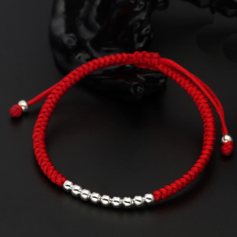 Bracelet porte-bonheur rétro en argent sterling 925 avec perles simples et nœuds, Buddha Stones - Argent sterling 925 (Tour de poignet : 15-22 cm) - Rouge - image 0