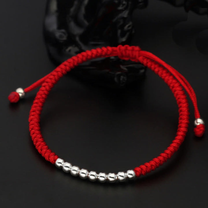 Bracelet porte-bonheur rétro en argent sterling 925 avec perles simples et nœuds, Buddha Stones - Argent sterling 925 (Tour de poignet : 15-22 cm) - Rouge - image 0