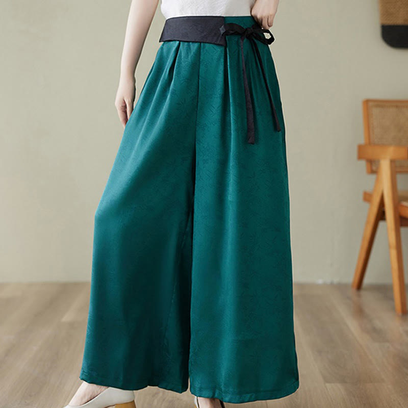 Pantalon large décontracté en coton jacquard à lacets avec poches pour femme Buddha Stones - Cyan foncé - US8-10，UK/AU12-14，EU40-42 (2XL) - image 1