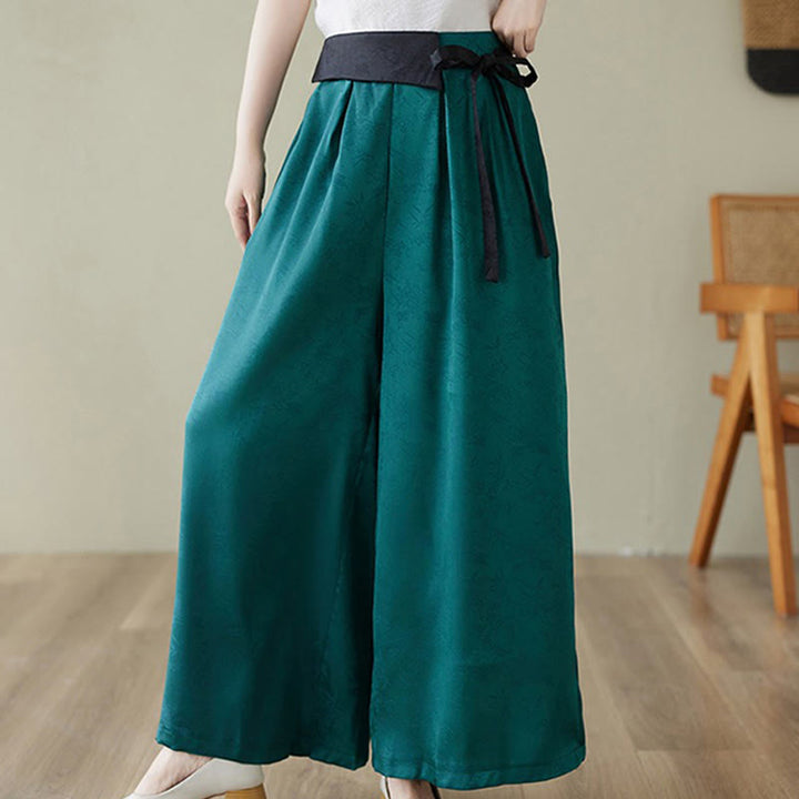 Pantalon large décontracté en coton jacquard à lacets avec poches pour femme Buddha Stones - Cyan foncé - US8-10，UK/AU12-14，EU40-42 (2XL) - image 1