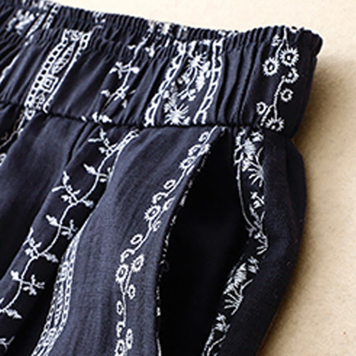 Pantalon large décontracté en coton et lin avec poches pour femme, imprimé vertical Buddha Stones - image 1