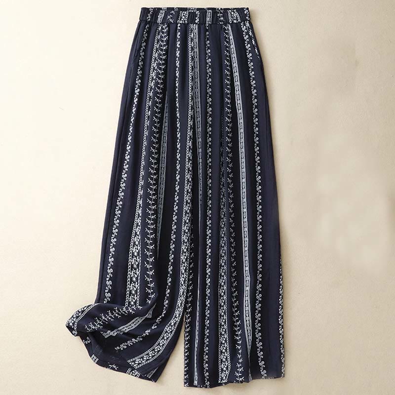 Pantalon large décontracté en coton et lin avec poches pour femme, imprimé vertical Buddha Stones - Bleu nuit - US8-10，UK/AU12-14，EU40-42 (2XL) - image 1