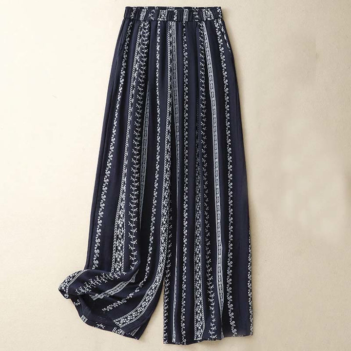 Pantalon large décontracté en coton et lin avec poches pour femme, imprimé vertical Buddha Stones - Bleu nuit - US8-10，UK/AU12-14，EU40-42 (2XL) - image 1