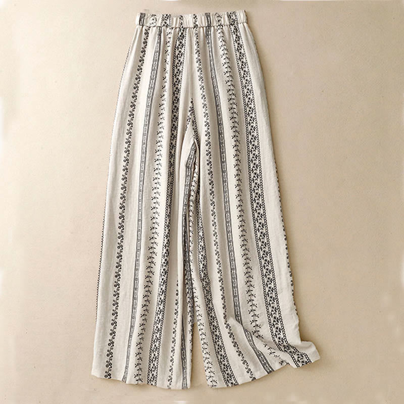 Pantalon large décontracté en coton et lin avec poches pour femme, imprimé vertical Buddha Stones - image 7