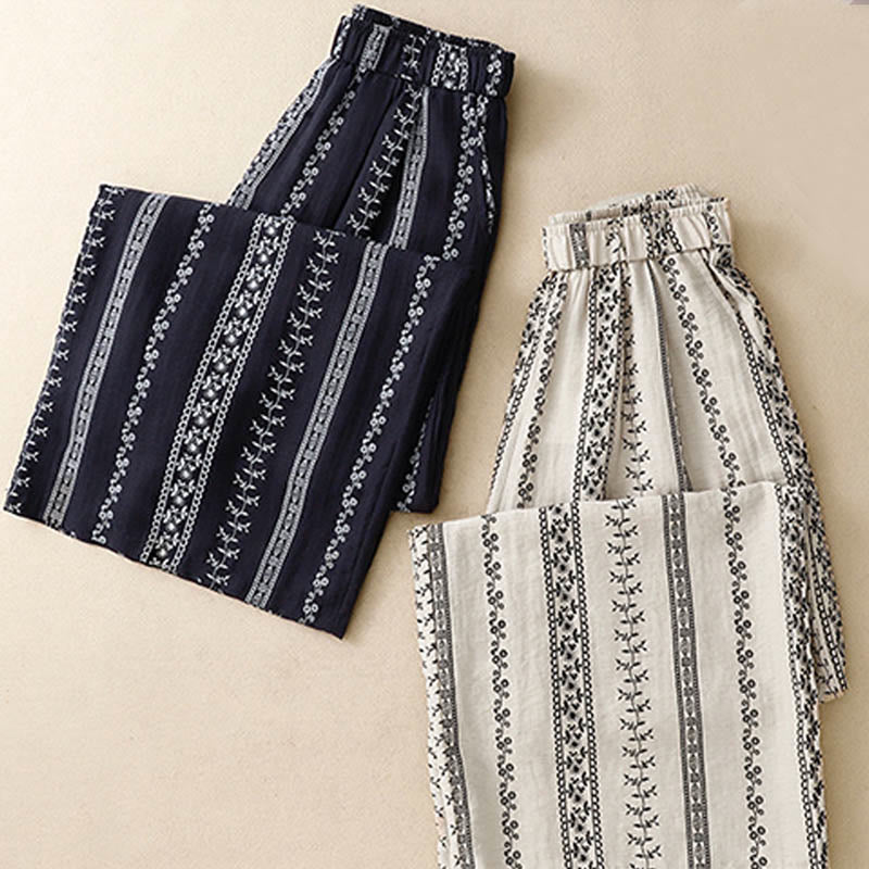 Pantalon large décontracté en coton et lin avec poches pour femme, imprimé vertical Buddha Stones - image 16