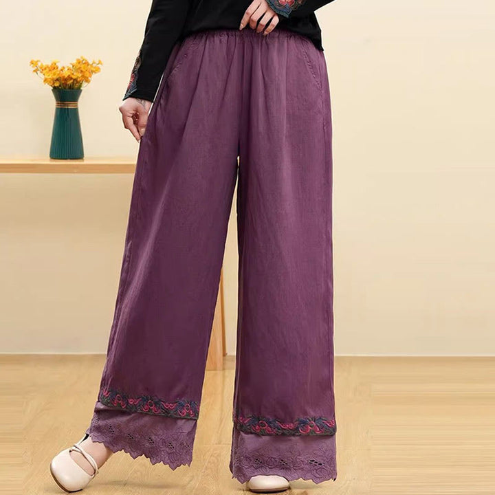 Pantalon large décontracté en coton et lin brodé avec poches pour femme Motif Buddha Stones - Violet - US14，UK/AU18，EU46 (4XL) - image 1