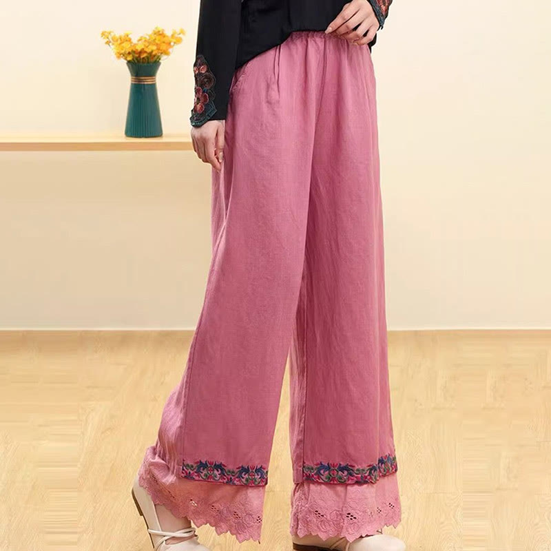 Pantalon large décontracté en coton et lin brodé avec poches pour femme Motif Buddha Stones - Violet pâle Rouge - US14，UK/AU18，EU46 (4XL) - image 6