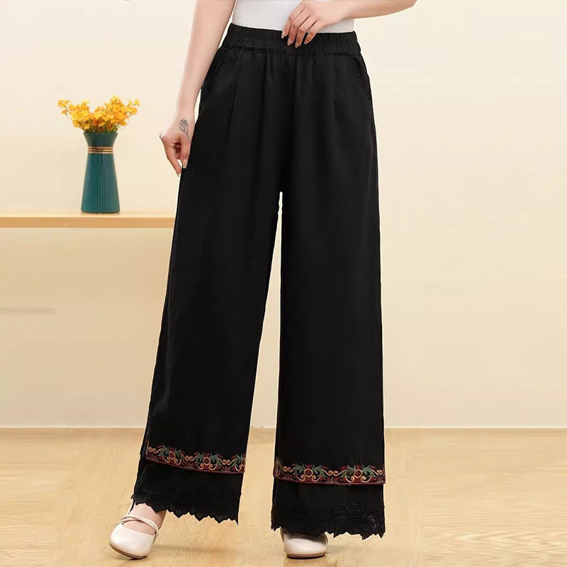 Pantalon large décontracté en coton et lin brodé avec poches pour femme Motif Buddha Stones - Noir - US14，UK/AU18，EU46 (4XL) - image 4