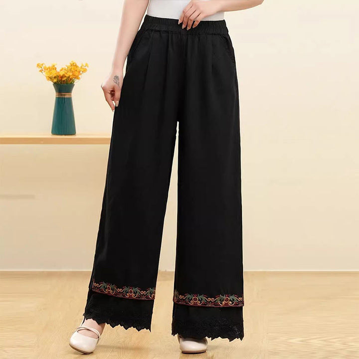 Pantalon large décontracté en coton et lin brodé avec poches pour femme Motif Buddha Stones - Noir - US14，UK/AU18，EU46 (4XL) - image 4