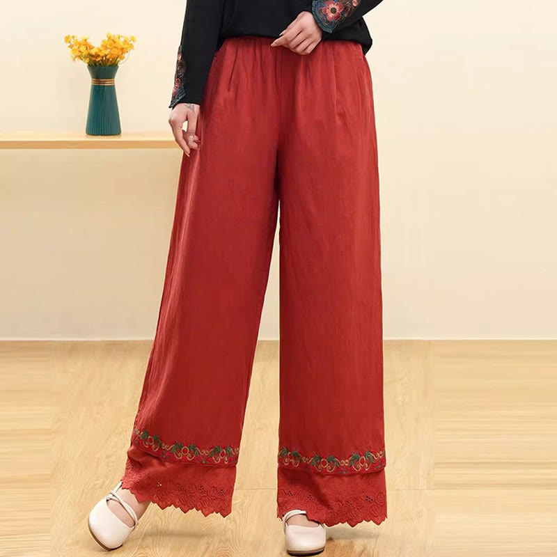 Pantalon large décontracté en coton et lin brodé avec poches pour femme Motif Buddha Stones - Brique réfractaire - US14，UK/AU18，EU46 (4XL) - image 2