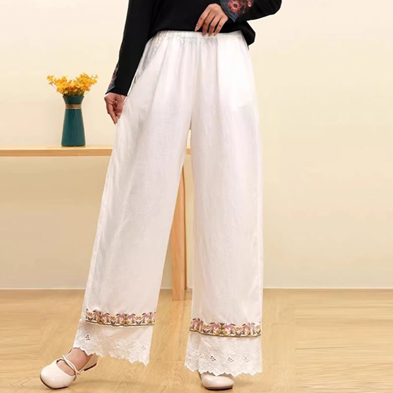 Pantalon large décontracté en coton et lin brodé avec poches pour femme Motif Buddha Stones - Blanc - US14，UK/AU18，EU46 (4XL) - image 3