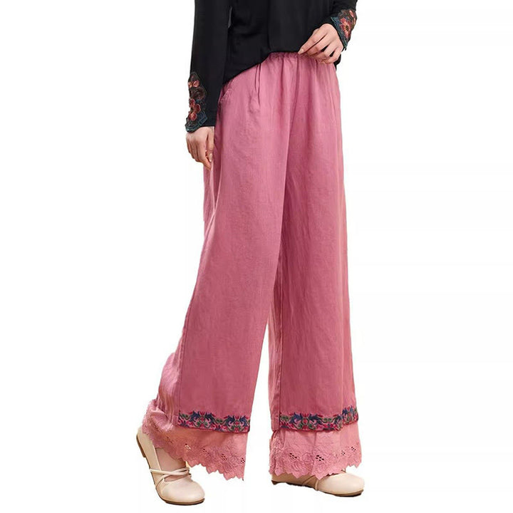 Pantalon large décontracté en coton et lin brodé avec poches pour femme Motif Buddha Stones - image 6
