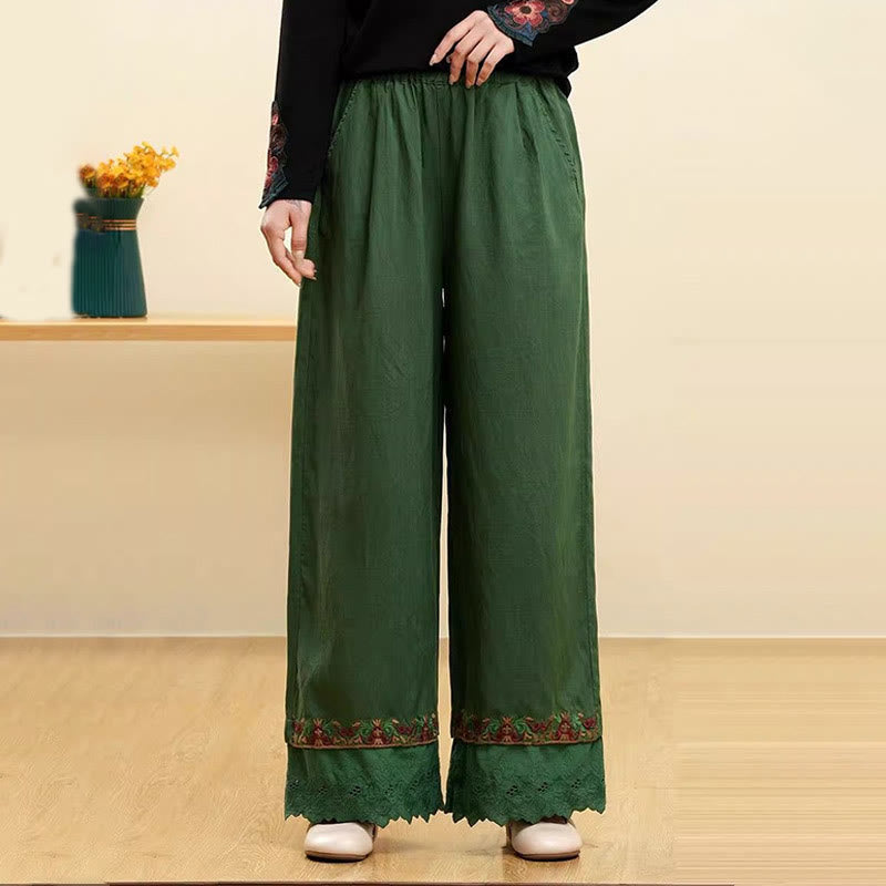 Pantalon large décontracté en coton et lin brodé avec poches pour femme Motif Buddha Stones - Vert - US14，UK/AU18，EU46 (4XL) - image 3
