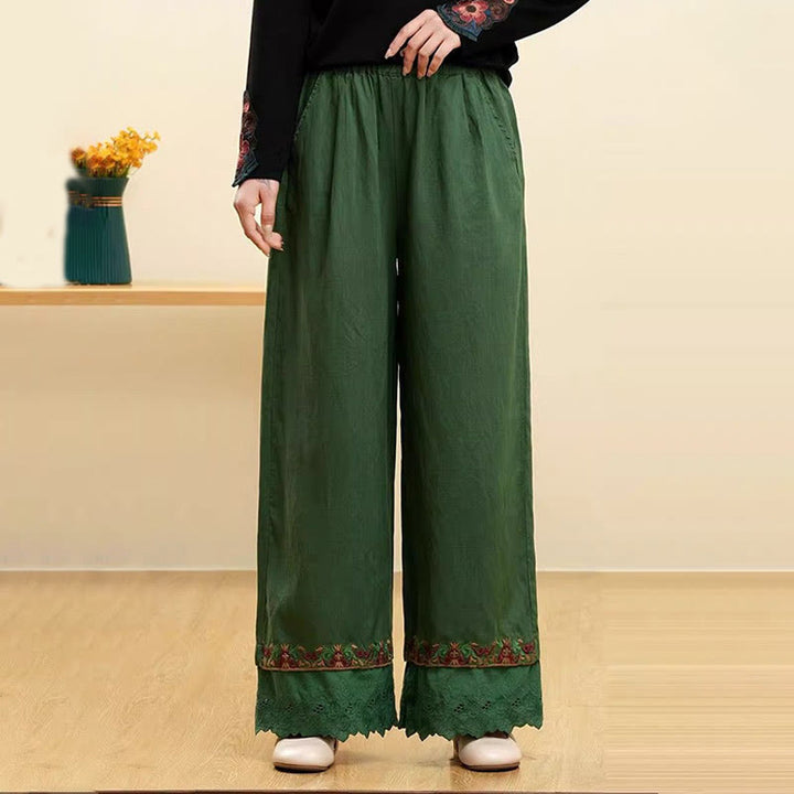 Pantalon large décontracté en coton et lin brodé avec poches pour femme Motif Buddha Stones - Vert - US14，UK/AU18，EU46 (4XL) - image 4