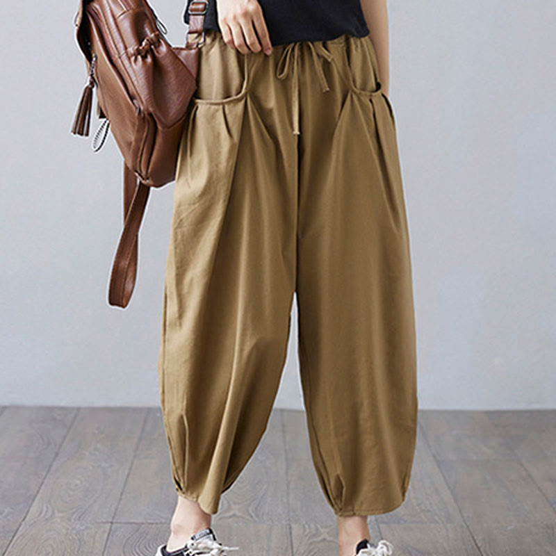 Pantalon court d'été uni Buddha Stones pour femme, sarouel en coton et lin avec poches - image 2
