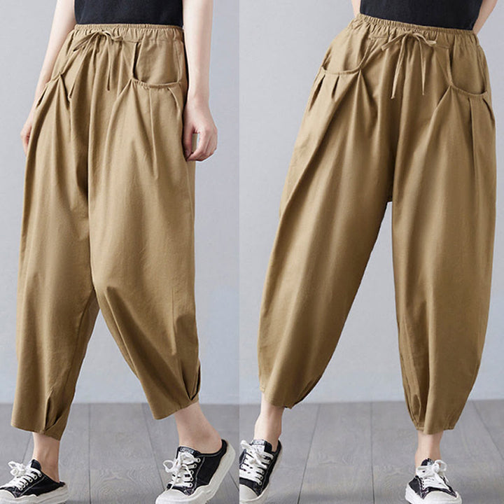 Pantalon court d'été uni Buddha Stones pour femme, sarouel en coton et lin avec poches - image 6