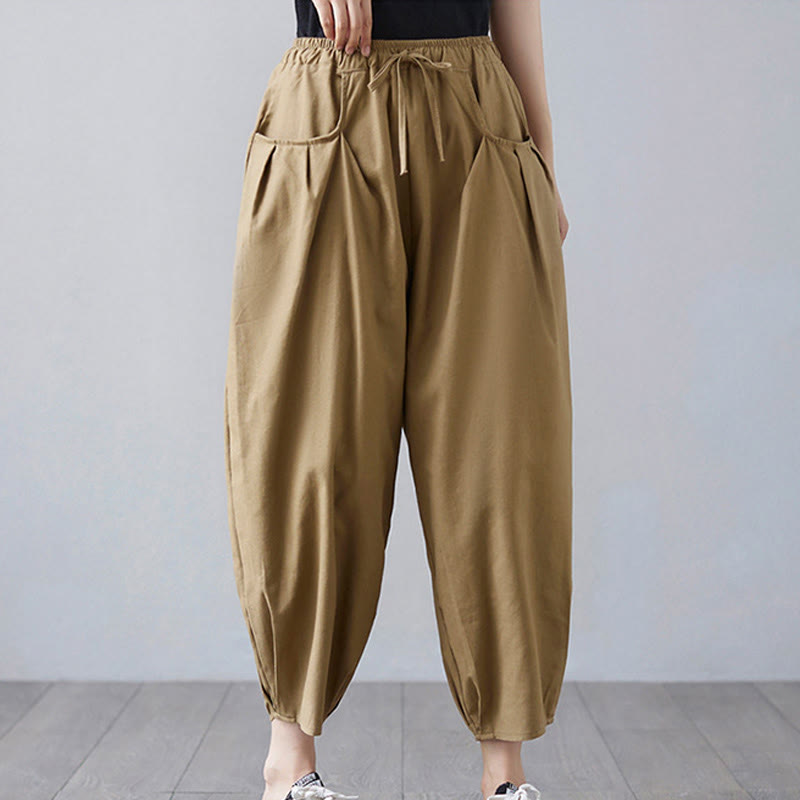 Pantalon court d'été uni Buddha Stones pour femme, sarouel en coton et lin avec poches - image 3