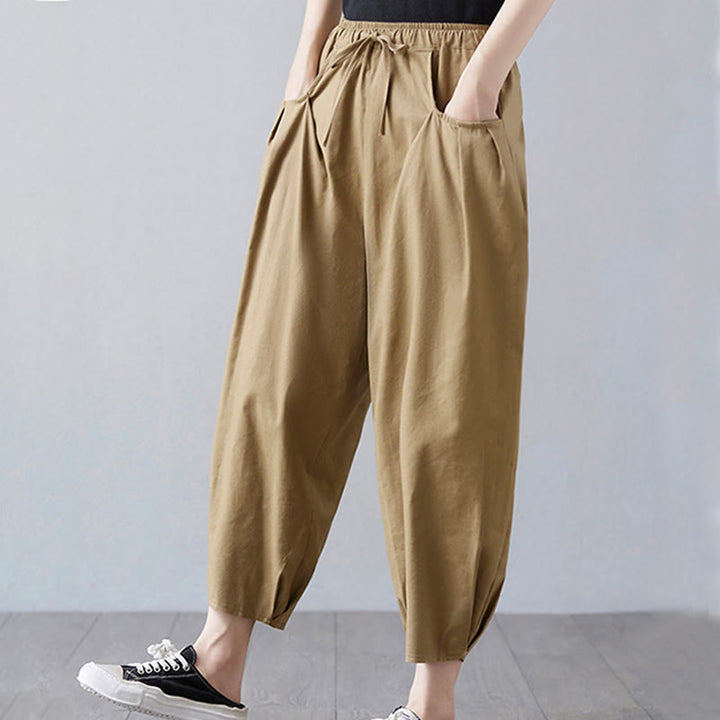Pantalon court d'été uni Buddha Stones pour femme, sarouel en coton et lin avec poches - image 4