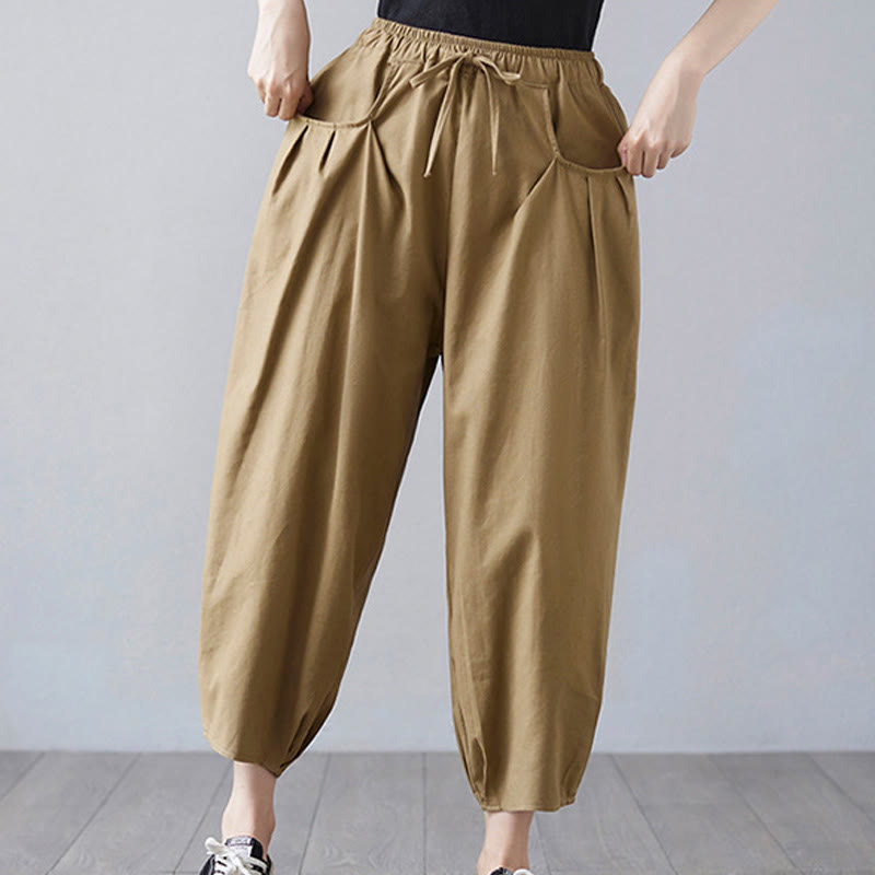 Pantalon court d'été uni Buddha Stones pour femme, sarouel en coton et lin avec poches - image 5
