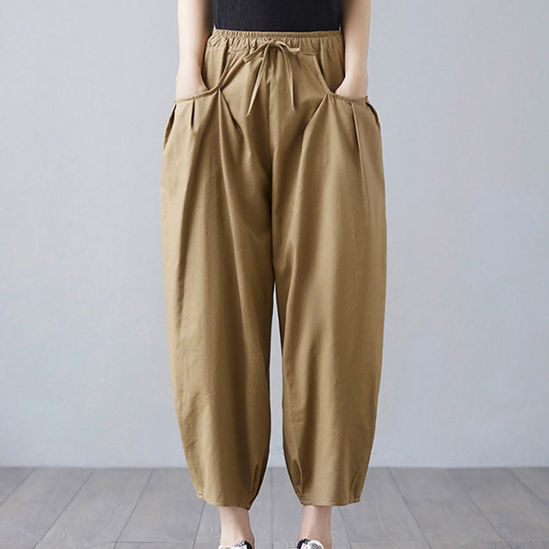 Pantalon court d'été uni Buddha Stones pour femme, sarouel en coton et lin avec poches - Kaki foncé - US12，UK/AU16，EU44 (3XL) - image 1
