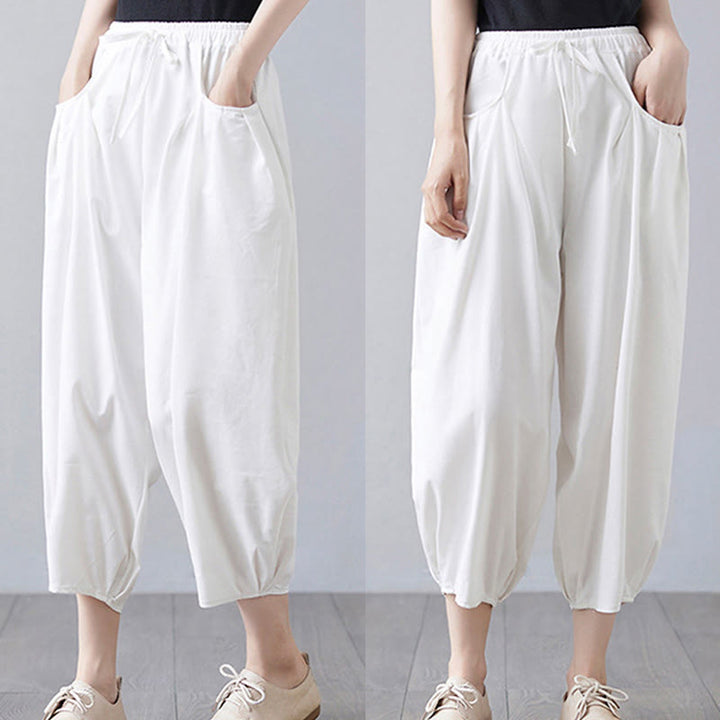 Pantalon court d'été uni Buddha Stones pour femme, sarouel en coton et lin avec poches - image 13