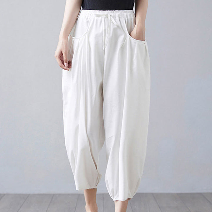 Pantalon court d'été uni Buddha Stones pour femme, sarouel en coton et lin avec poches - image 9
