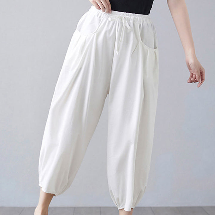 Pantalon court d'été uni Buddha Stones pour femme, sarouel en coton et lin avec poches - image 10