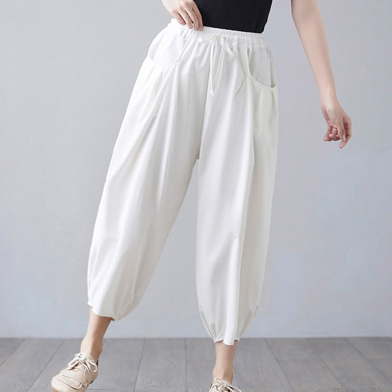 Pantalon court d'été uni Buddha Stones pour femme, sarouel en coton et lin avec poches - image 8