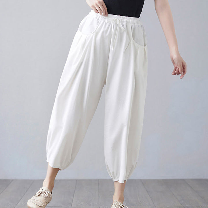 Pantalon court d'été uni Buddha Stones pour femme, sarouel en coton et lin avec poches - image 8