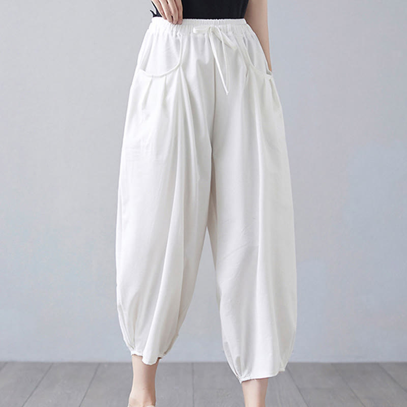 Pantalon court d'été uni Buddha Stones pour femme, sarouel en coton et lin avec poches - image 11