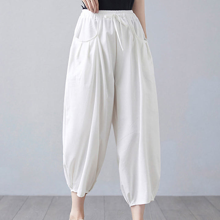 Pantalon court d'été uni Buddha Stones pour femme, sarouel en coton et lin avec poches - image 11