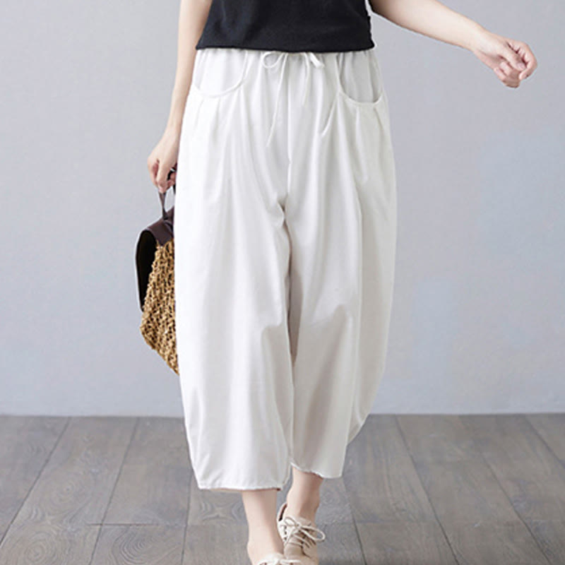 Pantalon court d'été uni Buddha Stones pour femme, sarouel en coton et lin avec poches - image 12