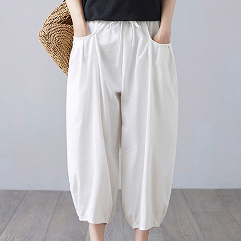 Pantalon court d'été uni Buddha Stones pour femme, sarouel en coton et lin avec poches - Blanc - US12，UK/AU16，EU44 (3XL) - image 7