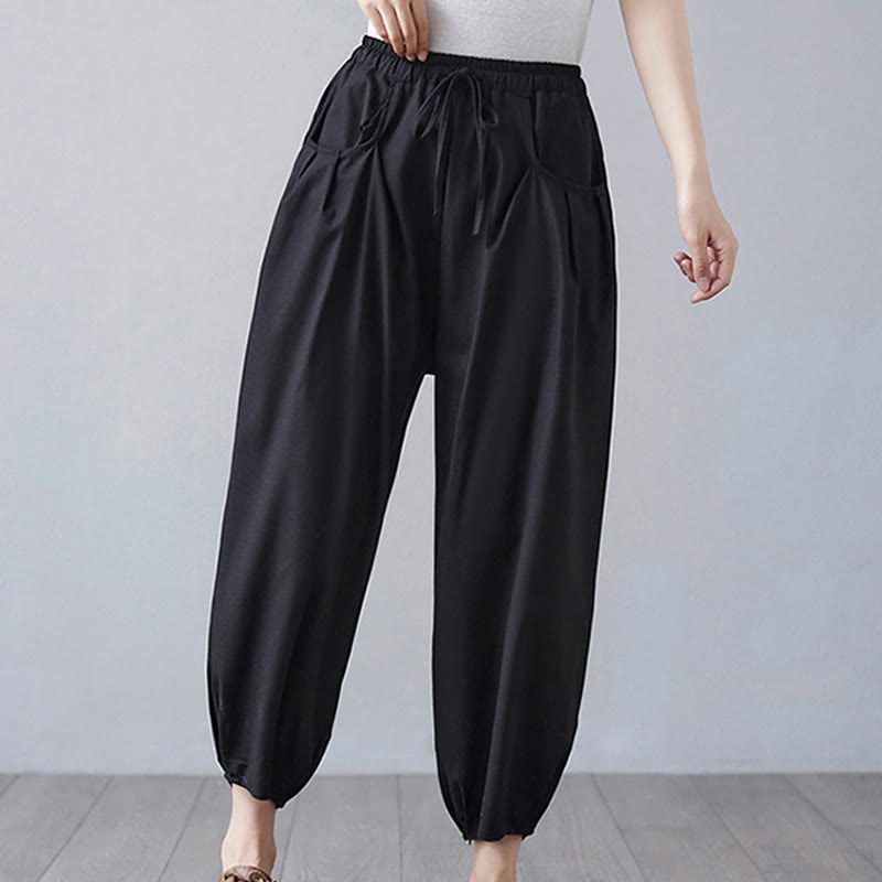 Pantalon court d'été uni Buddha Stones pour femme, sarouel en coton et lin avec poches - image 18
