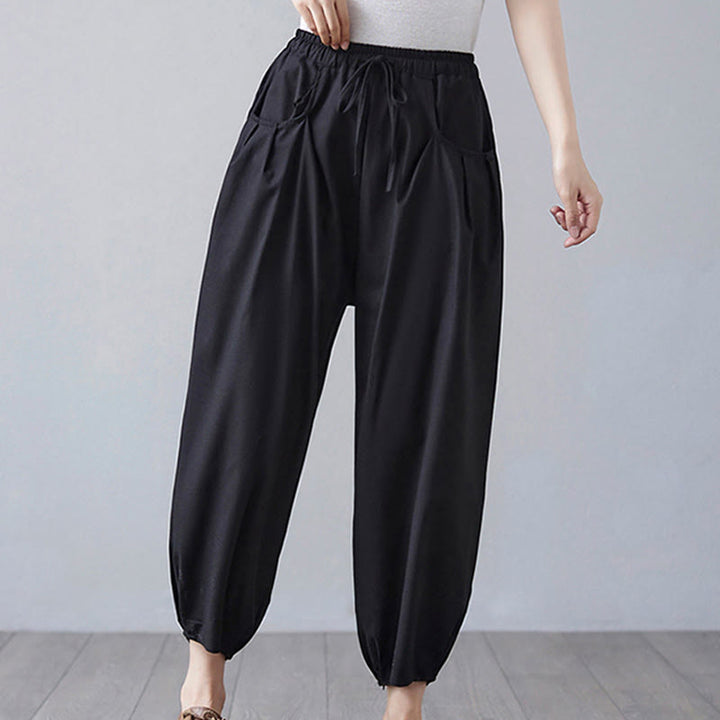 Pantalon court d'été uni Buddha Stones pour femme, sarouel en coton et lin avec poches - image 18