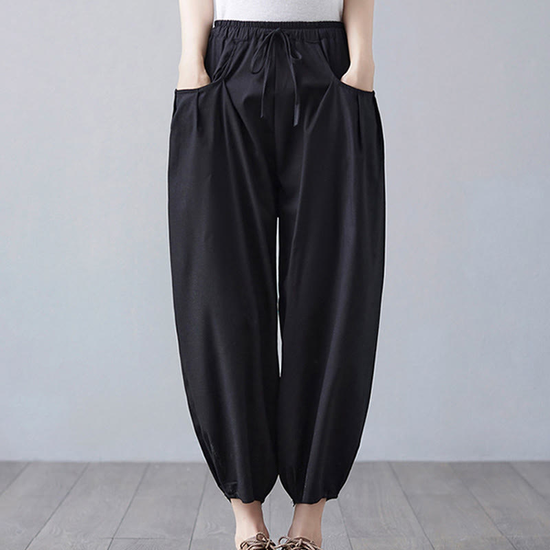 Pantalon court d'été uni Buddha Stones pour femme, sarouel en coton et lin avec poches - Noir - US12，UK/AU16，EU44 (3XL) - image 14