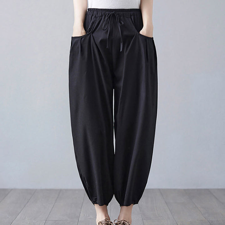 Pantalon court d'été uni Buddha Stones pour femme, sarouel en coton et lin avec poches - Noir - US12，UK/AU16，EU44 (3XL) - image 14