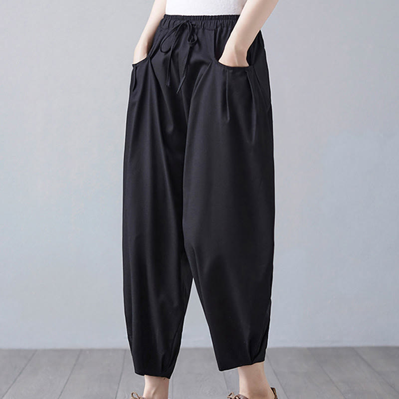 Pantalon court d'été uni Buddha Stones pour femme, sarouel en coton et lin avec poches - image 16