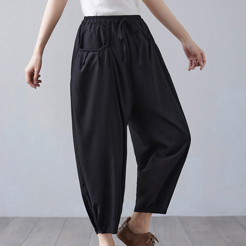 Pantalon court d'été uni Buddha Stones pour femme, sarouel en coton et lin avec poches - image 19