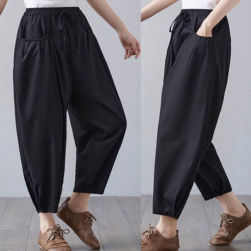 Pantalon court d'été uni Buddha Stones pour femme, sarouel en coton et lin avec poches - image 20
