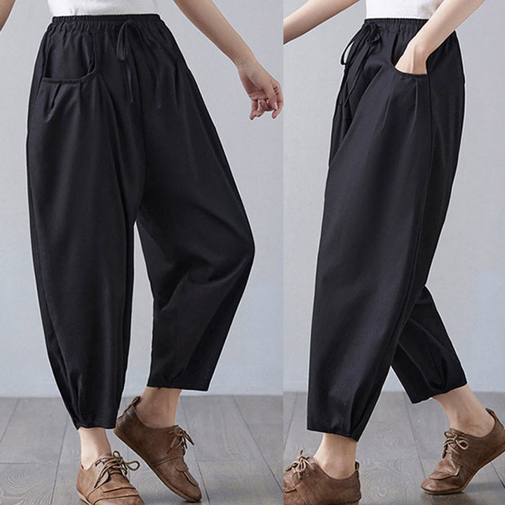 Pantalon court d'été uni Buddha Stones pour femme, sarouel en coton et lin avec poches - image 20
