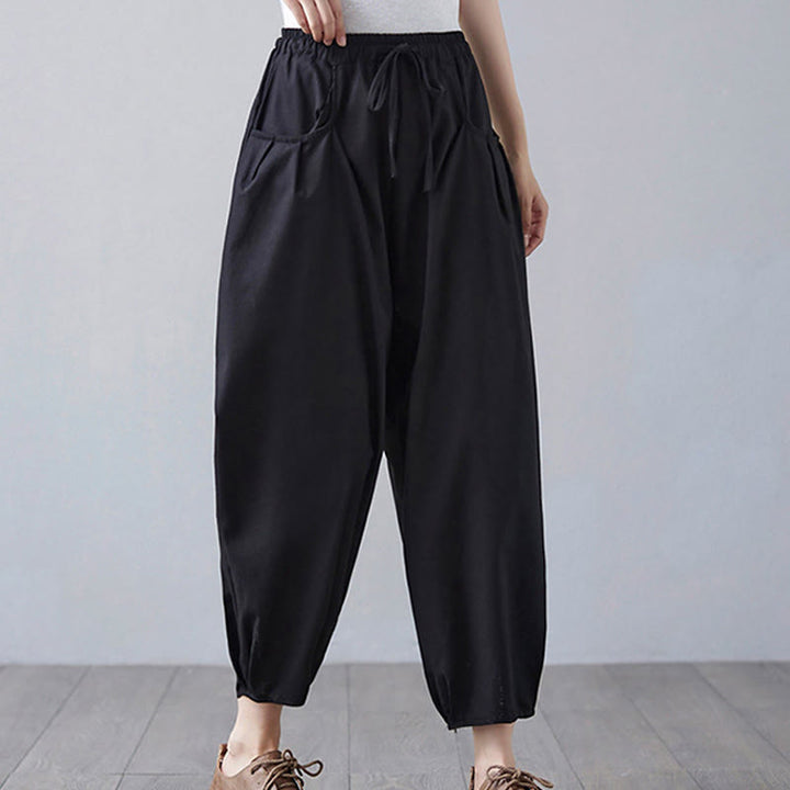 Pantalon court d'été uni Buddha Stones pour femme, sarouel en coton et lin avec poches - image 15